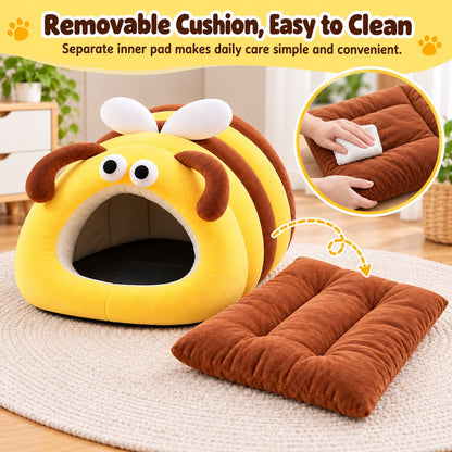 Bee pet bed with removable brown inner cushion and spot cleaning