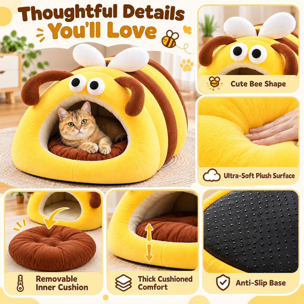 Bee-shaped cat bed showing plush fabric and cushion details