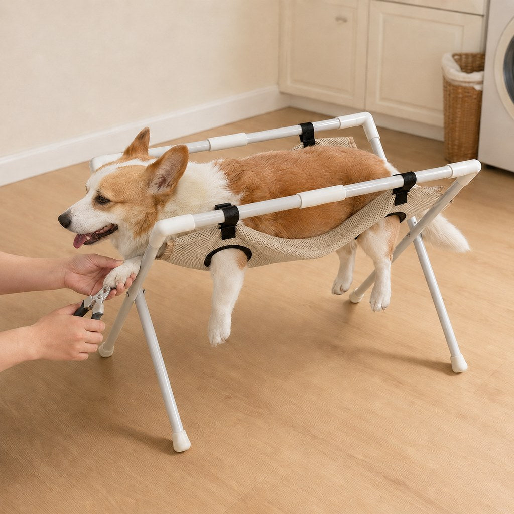 Beige freestanding foldable pet grooming hammock stand for dogs and cats