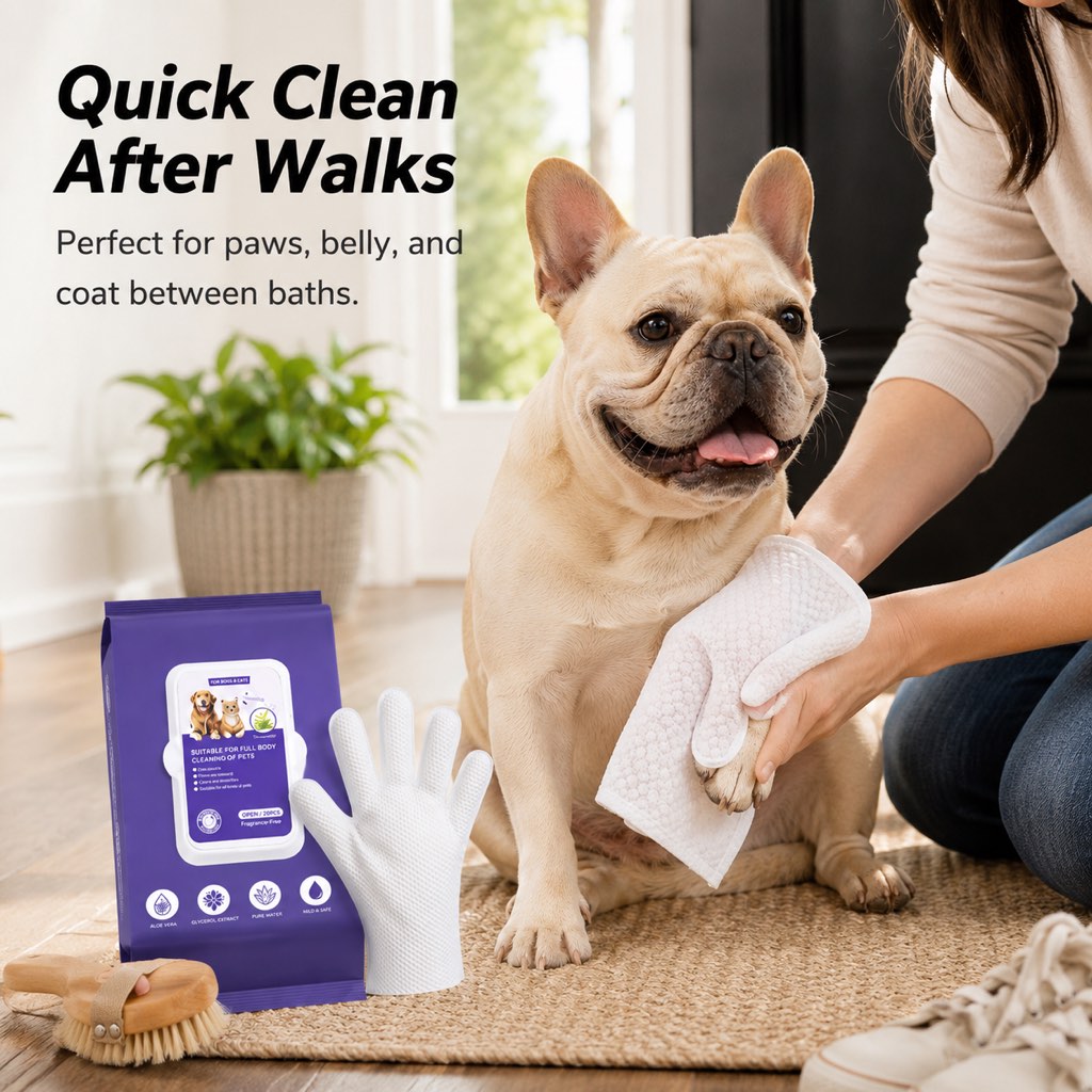 Between-bath dog care brush and cleaning gloves