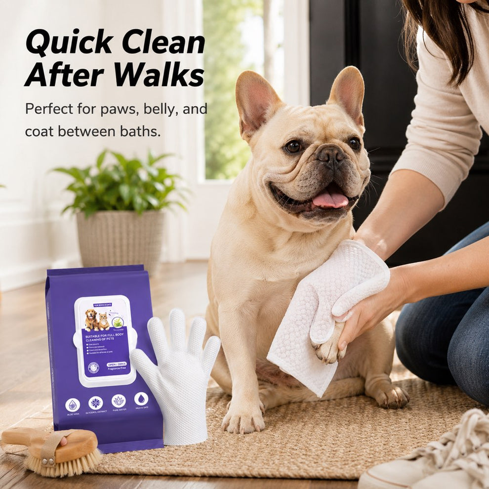Between-bath dog care brush and cleaning gloves