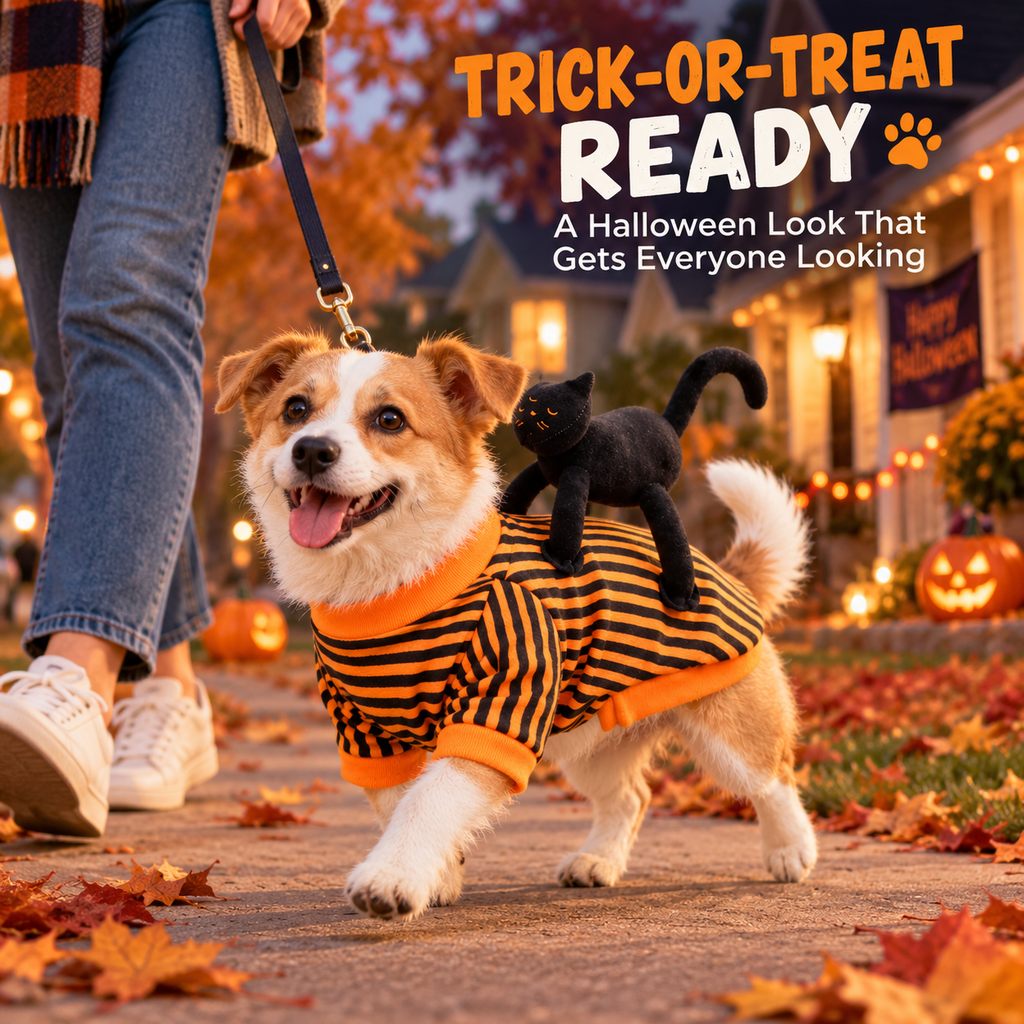 Dog wearing Black Cat Rider Halloween costume for trick or treating