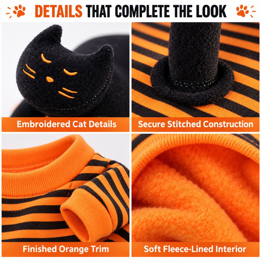 Black Cat Rider pet costume fabric and stitching details