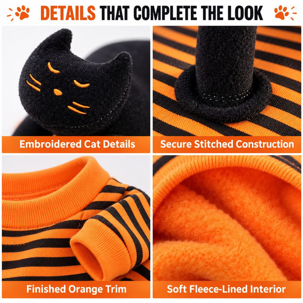 Black Cat Rider pet costume fabric and stitching details