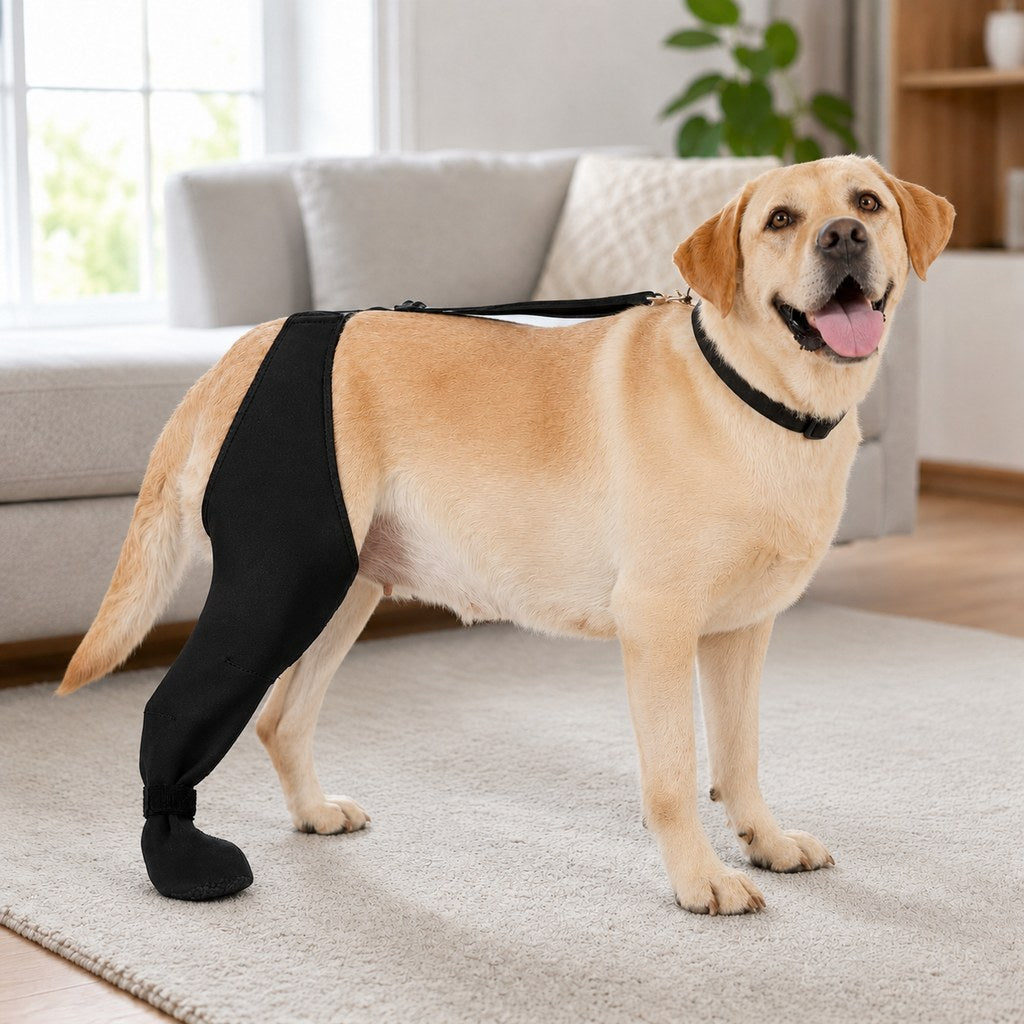 Black dog rear leg recovery sleeve lifestyle image