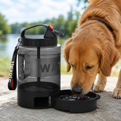 Black 2.2L dog travel water bottle with pull-out drinking bowl