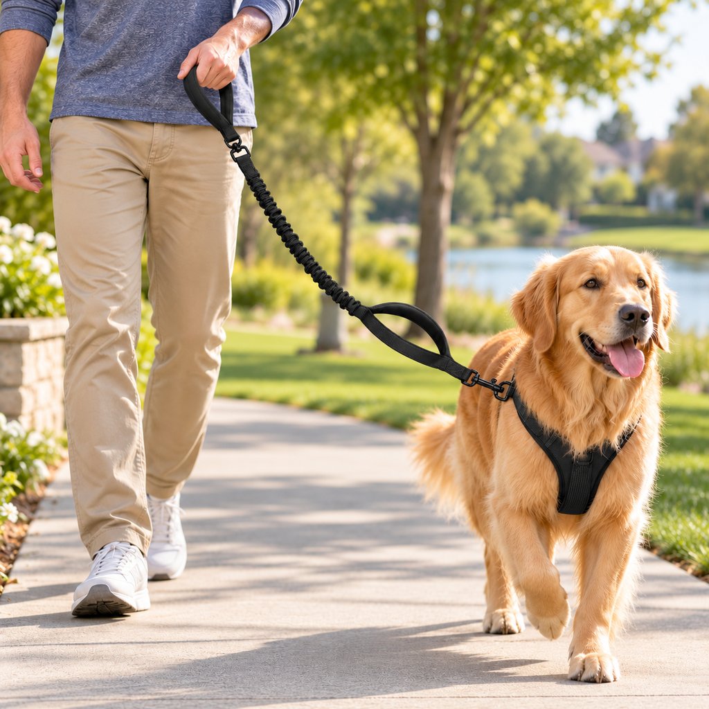 Black dual handle shock-absorbing bungee dog leash