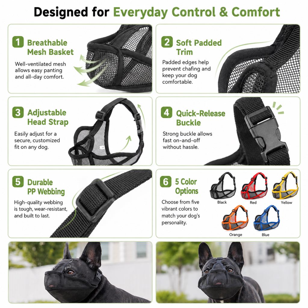 Black French Bulldog breathable mesh muzzle