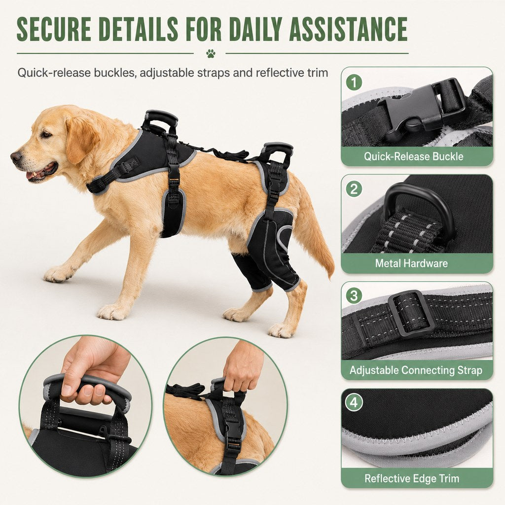 Black full-body dog lift harness details