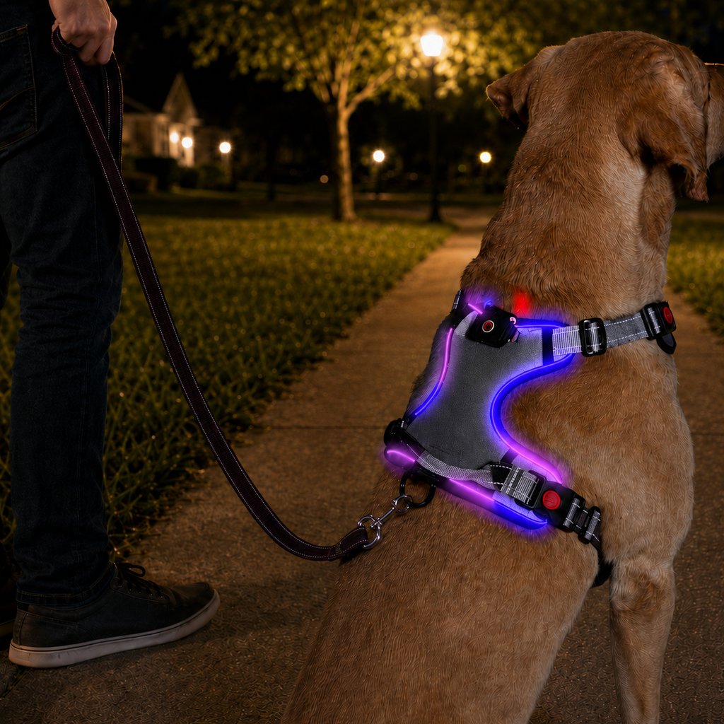 Black-gray adjustable LED dog harness with breathable chest padding