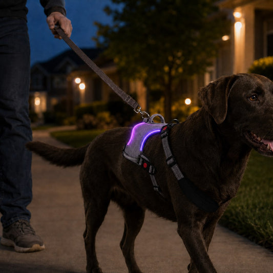 Black-gray LED dog harness for nighttime walking