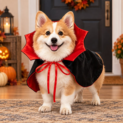 Black and red Halloween vampire dog cape costume with stand-up collar