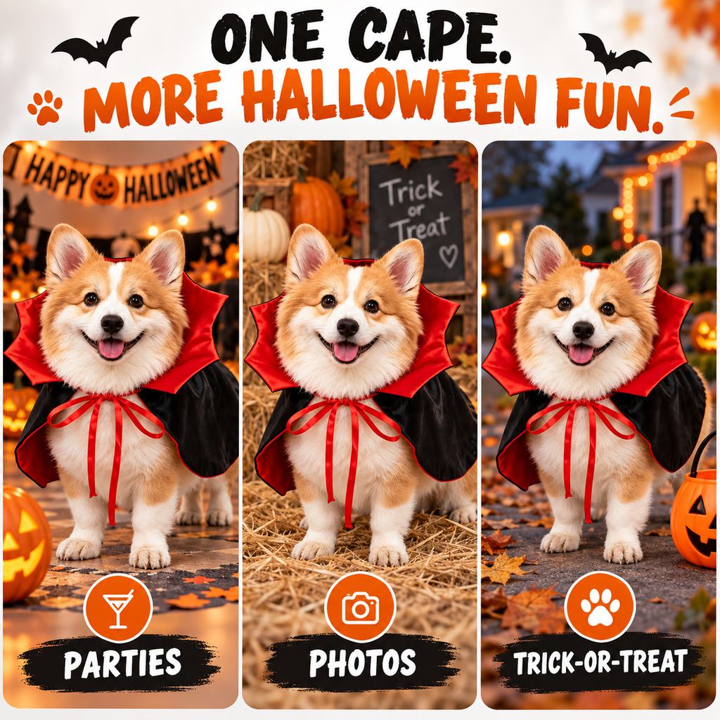 Black and red vampire dog cape costume detail grid