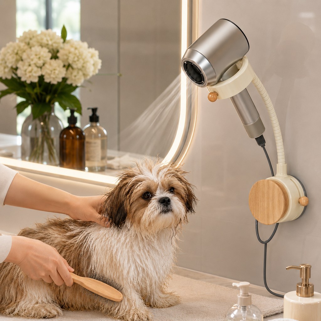 Black and walnut tone pet hair dryer holder
