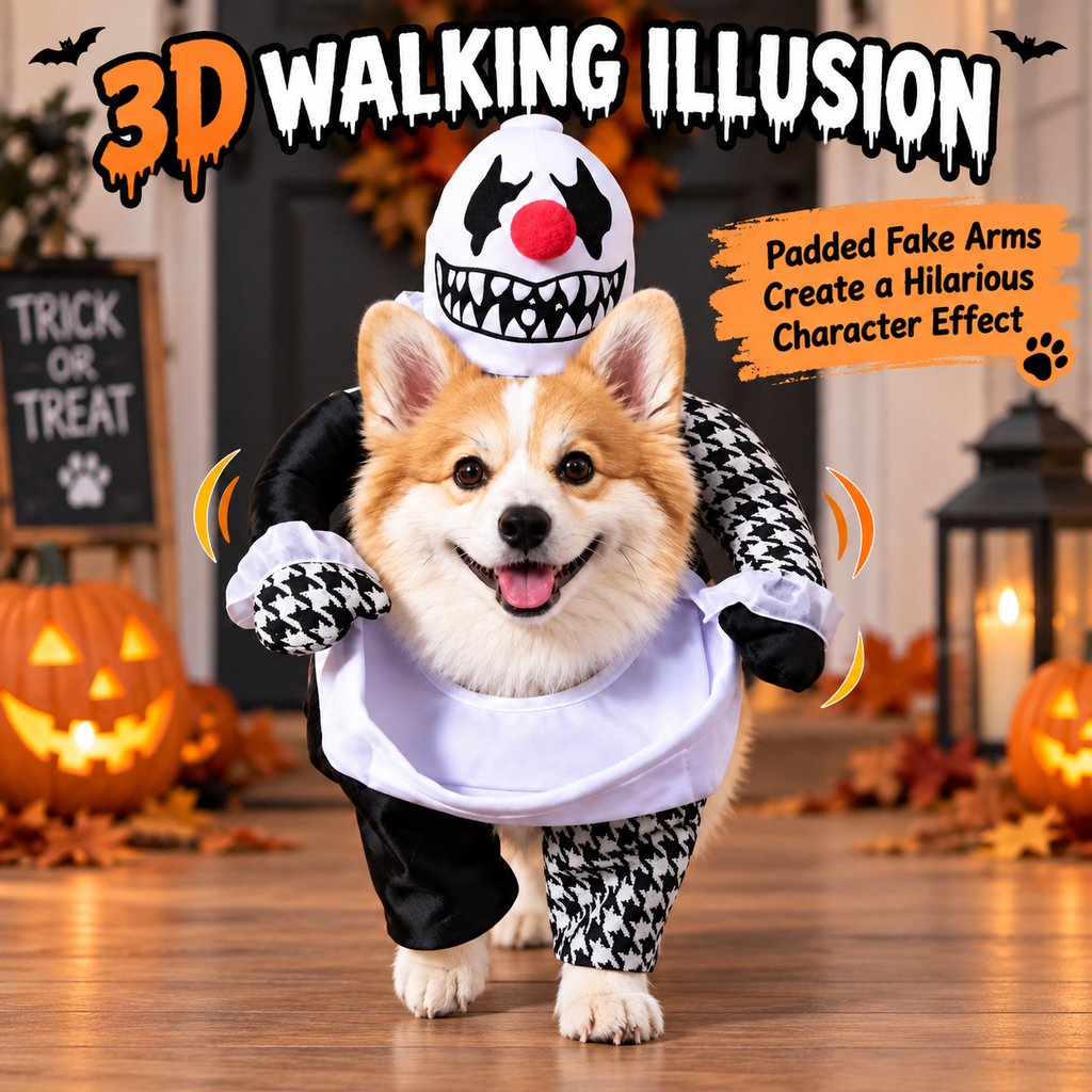 Black and white creepy clown dog Halloween costume