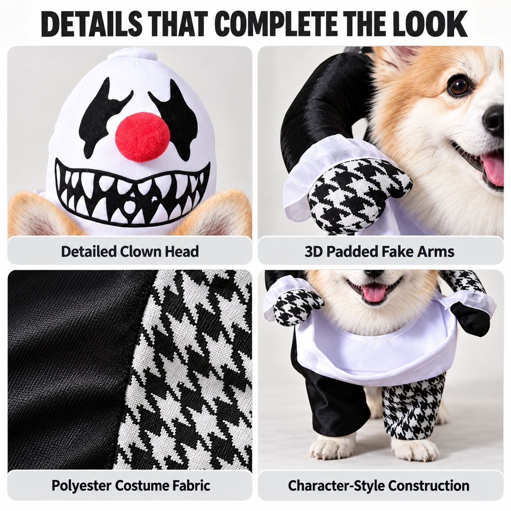 Black and white creepy clown dog costume fabric detail