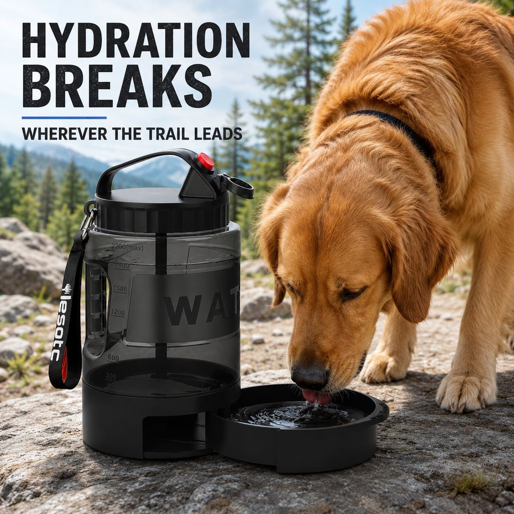 Blue 2.2L dog travel water bottle with pull-out drinking bowl