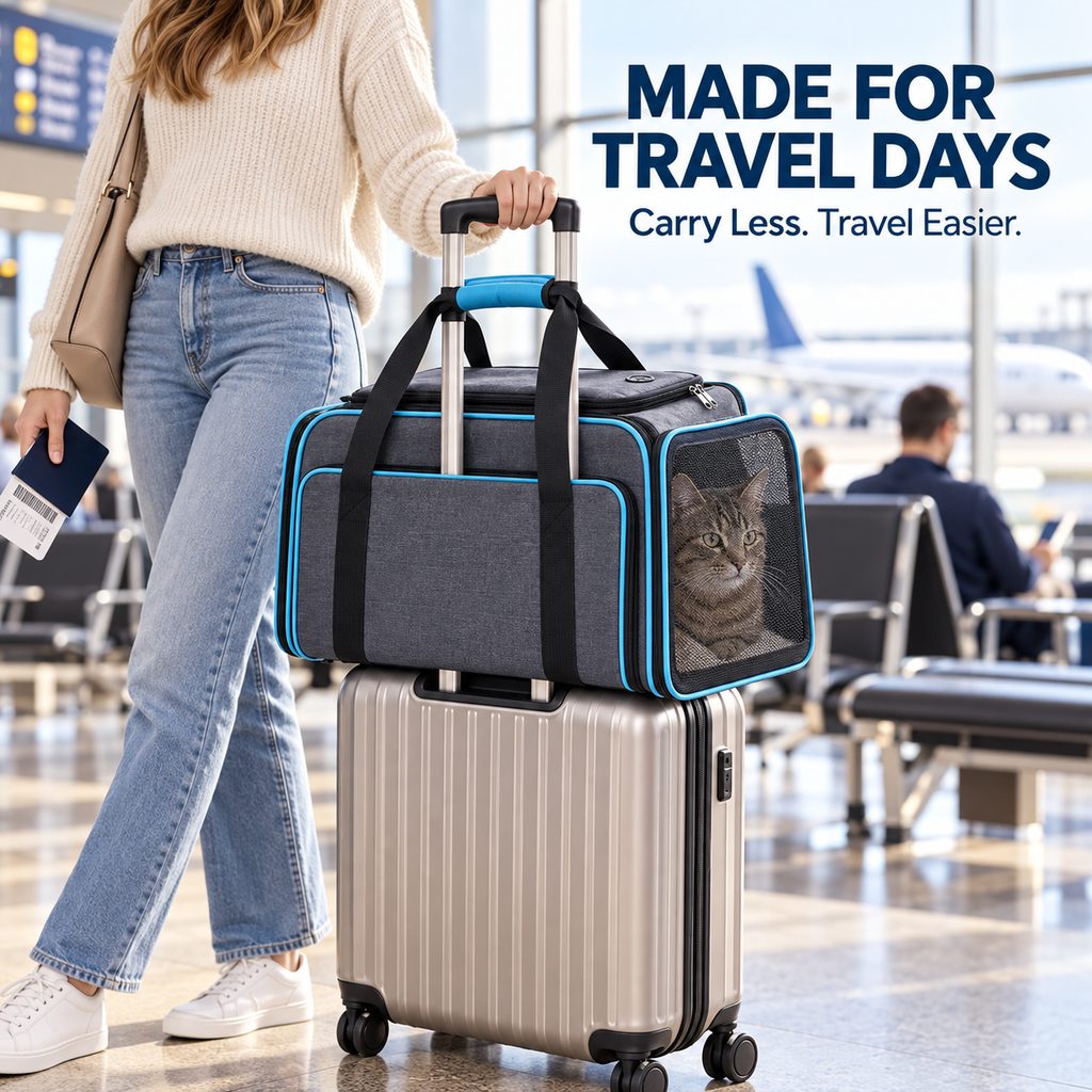 Blue expandable pet carrier attached to rolling luggage during travel