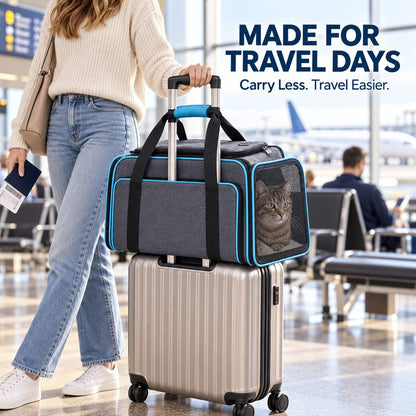 Blue expandable pet carrier attached to rolling luggage during travel