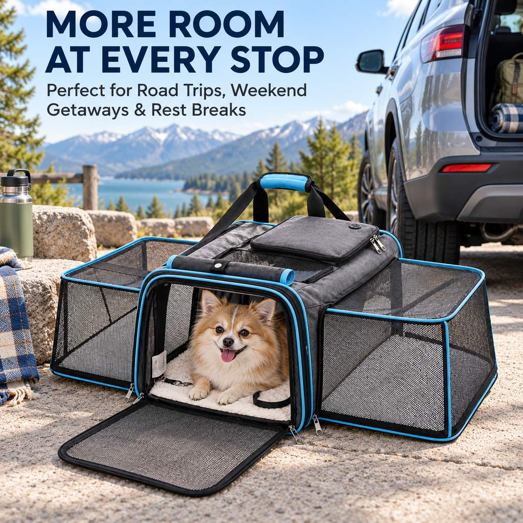 Blue dual-sided expandable pet carrier for road trip rest stops
