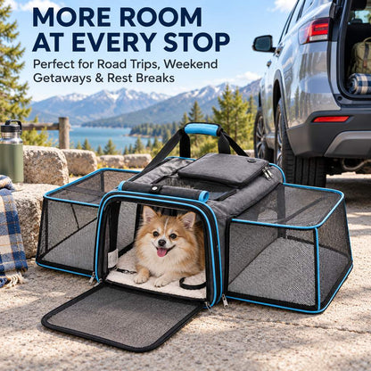 Blue dual-sided expandable pet carrier for road trip rest stops