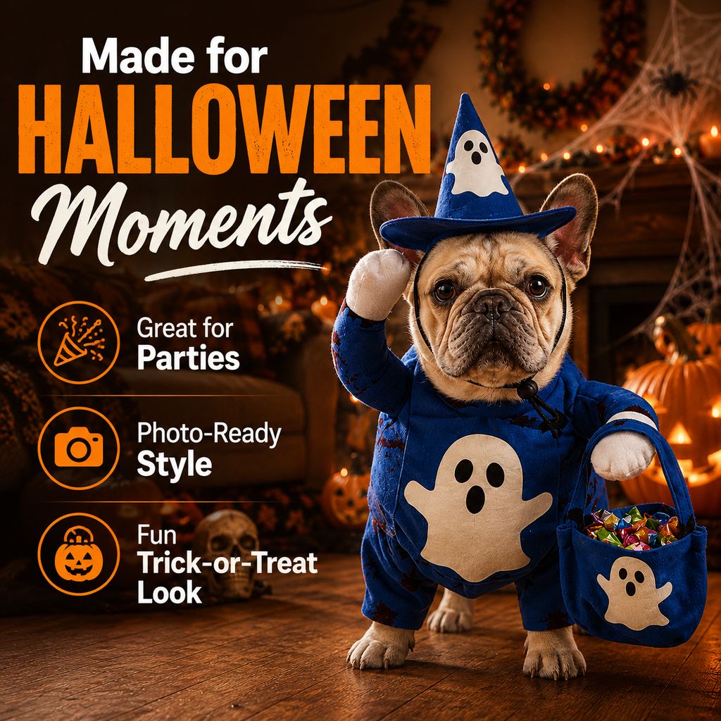 Paws in Awe Glow-in-the-Dark Ghost Wizard Dog Costume with Hat & Treat Bag, Halloween Pet Outfit for Trick-or-Treat, Parties, Photos & Costume Events image 6