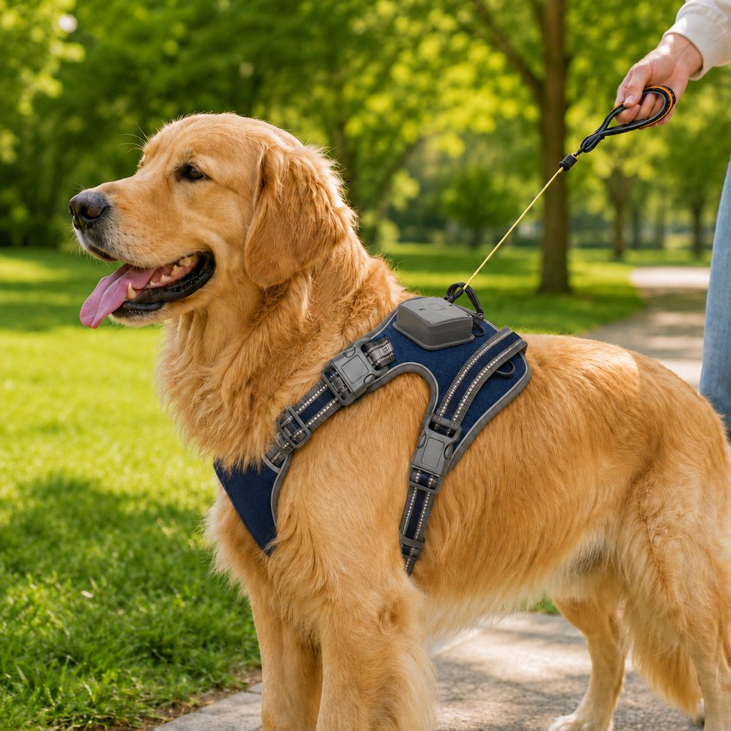 Blue reflective dog harness with built-in retractable leash