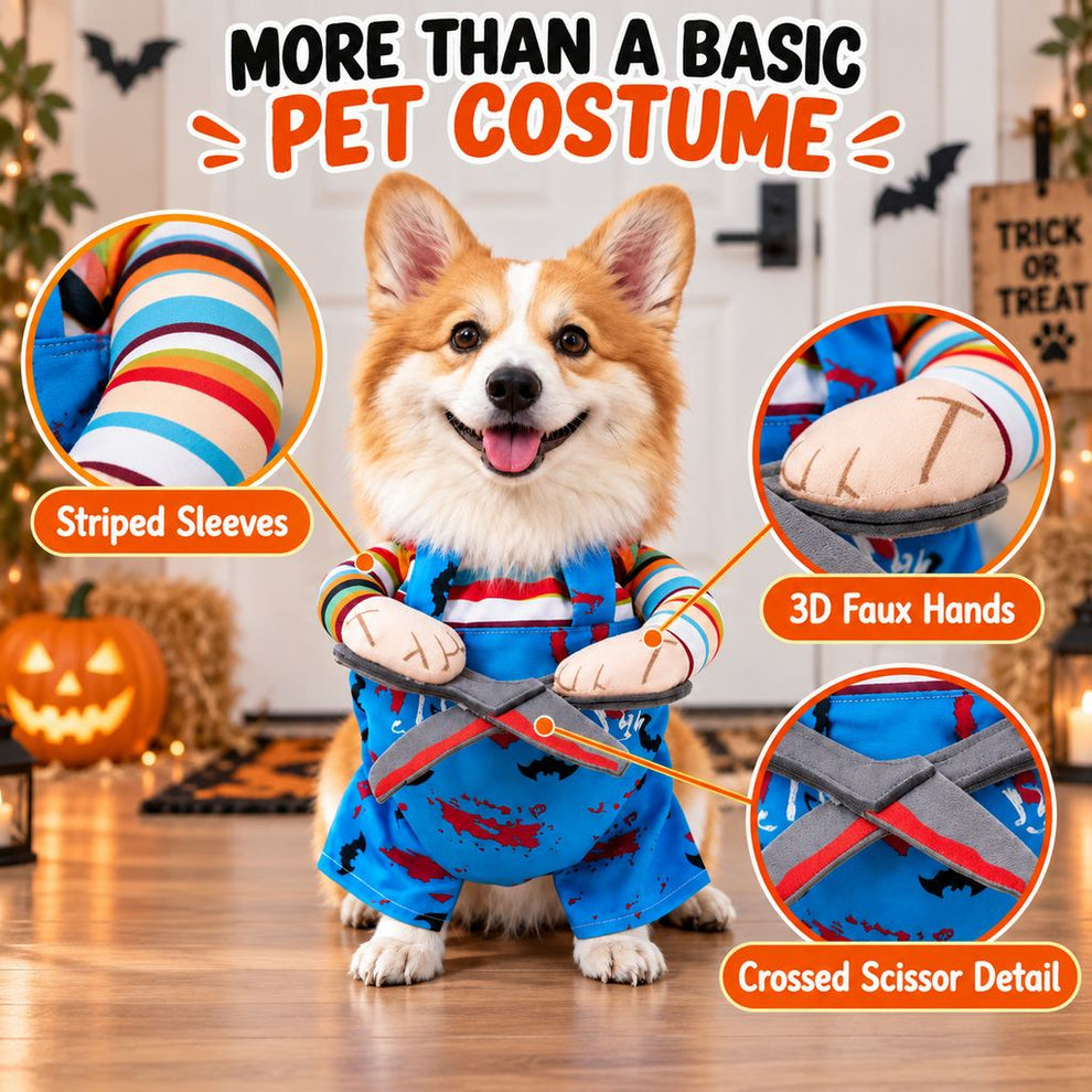 Striped sleeves faux hands and crossed scissor detail on dog costume