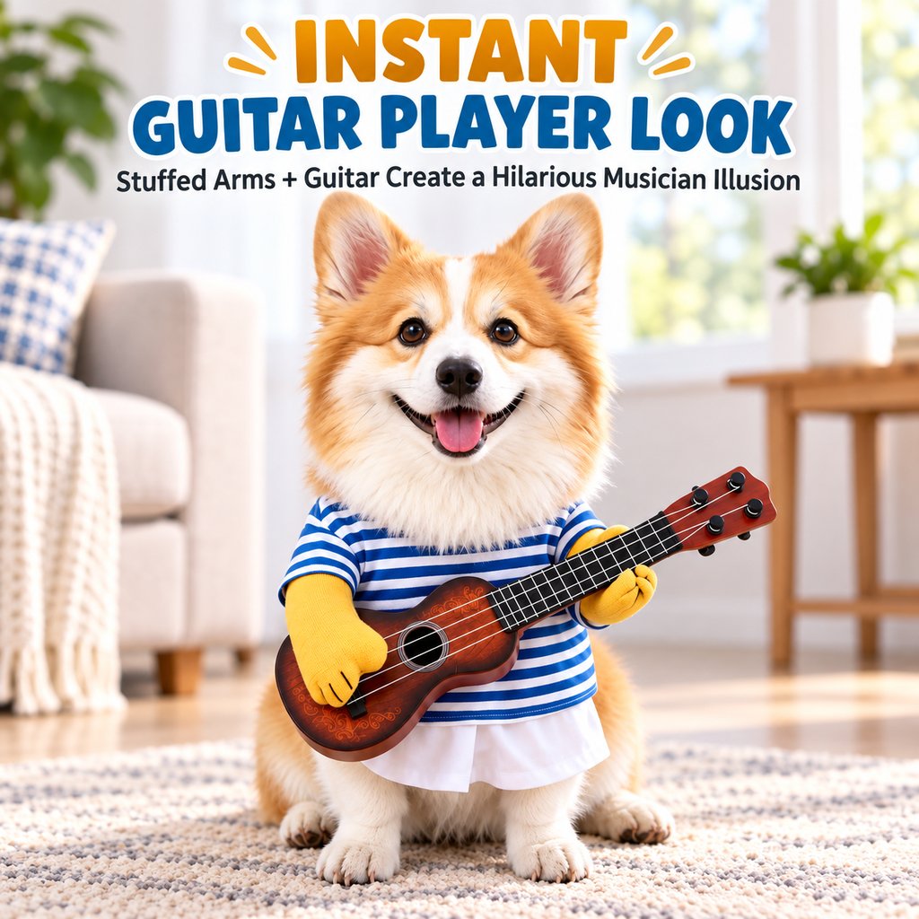 Blue striped musician dog costume with guitar prop