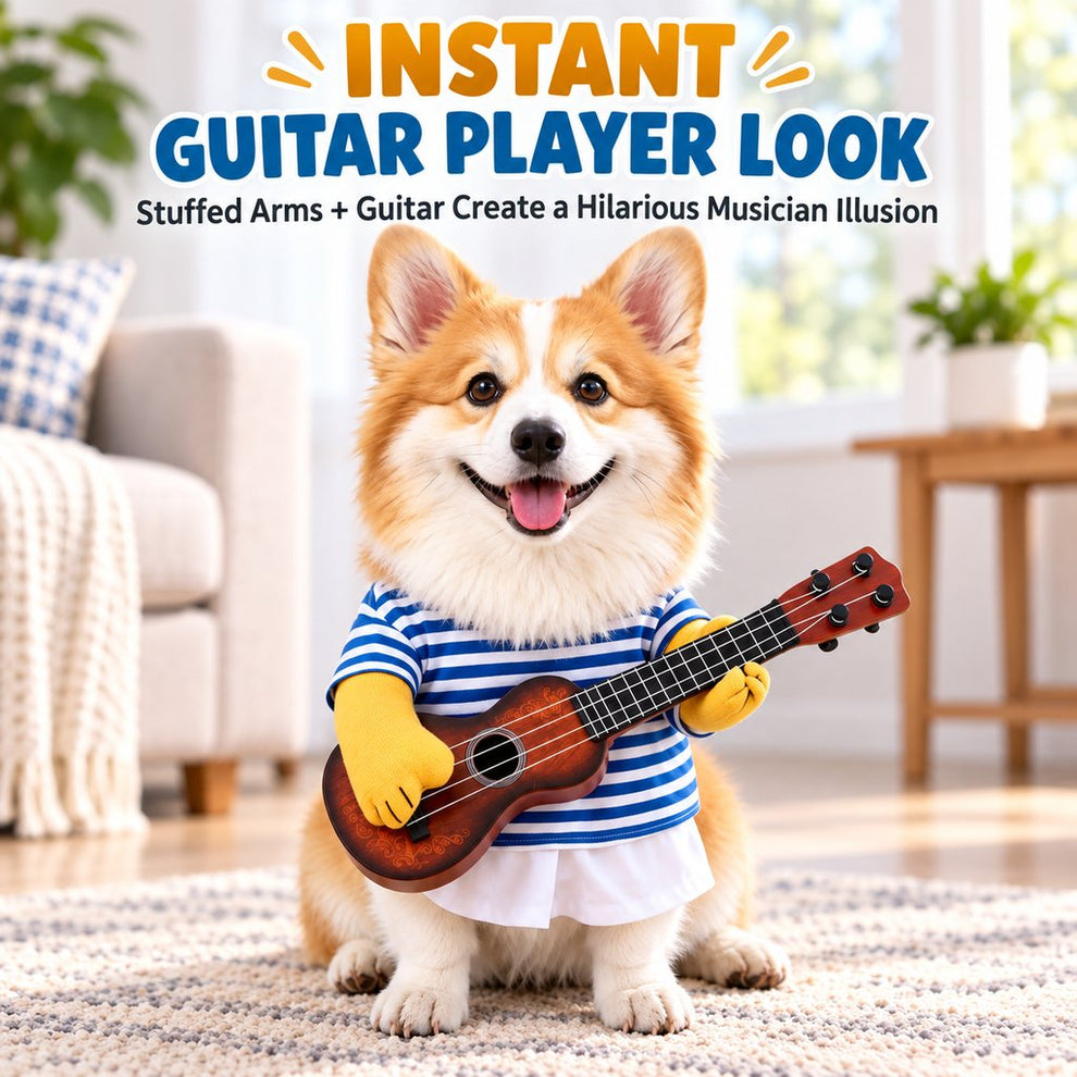 Blue striped musician dog costume with guitar prop