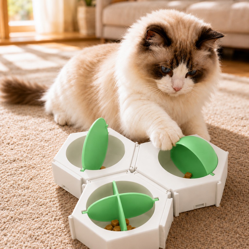 Blue three-piece cat puzzle feeder set