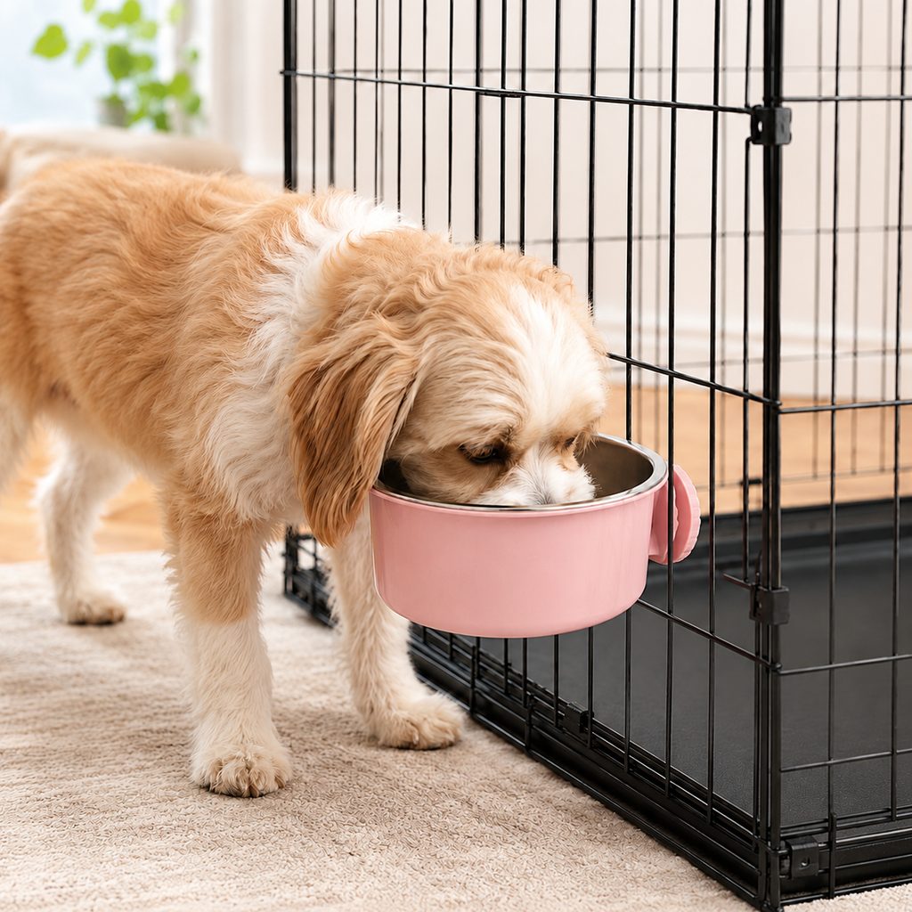 Crate-mounted stainless steel pet bowl for dogs and cats