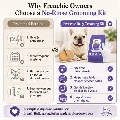 Boar bristle brush and cleaning gloves grooming kit for French Bulldogs