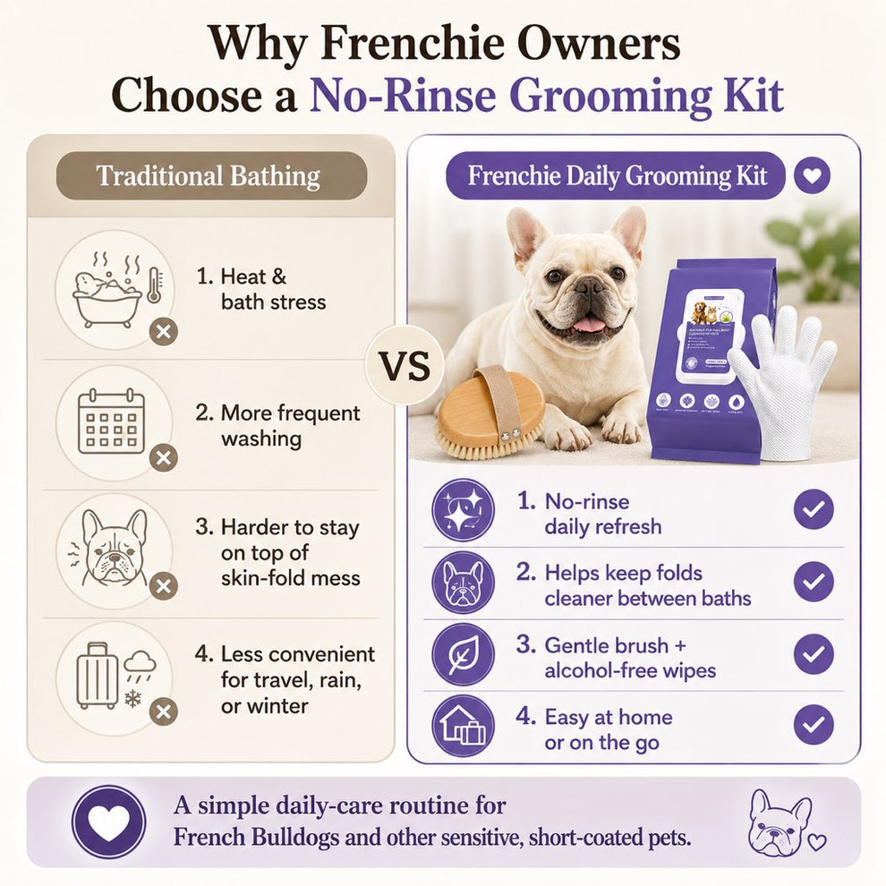 Boar bristle brush and cleaning gloves grooming kit for French Bulldogs