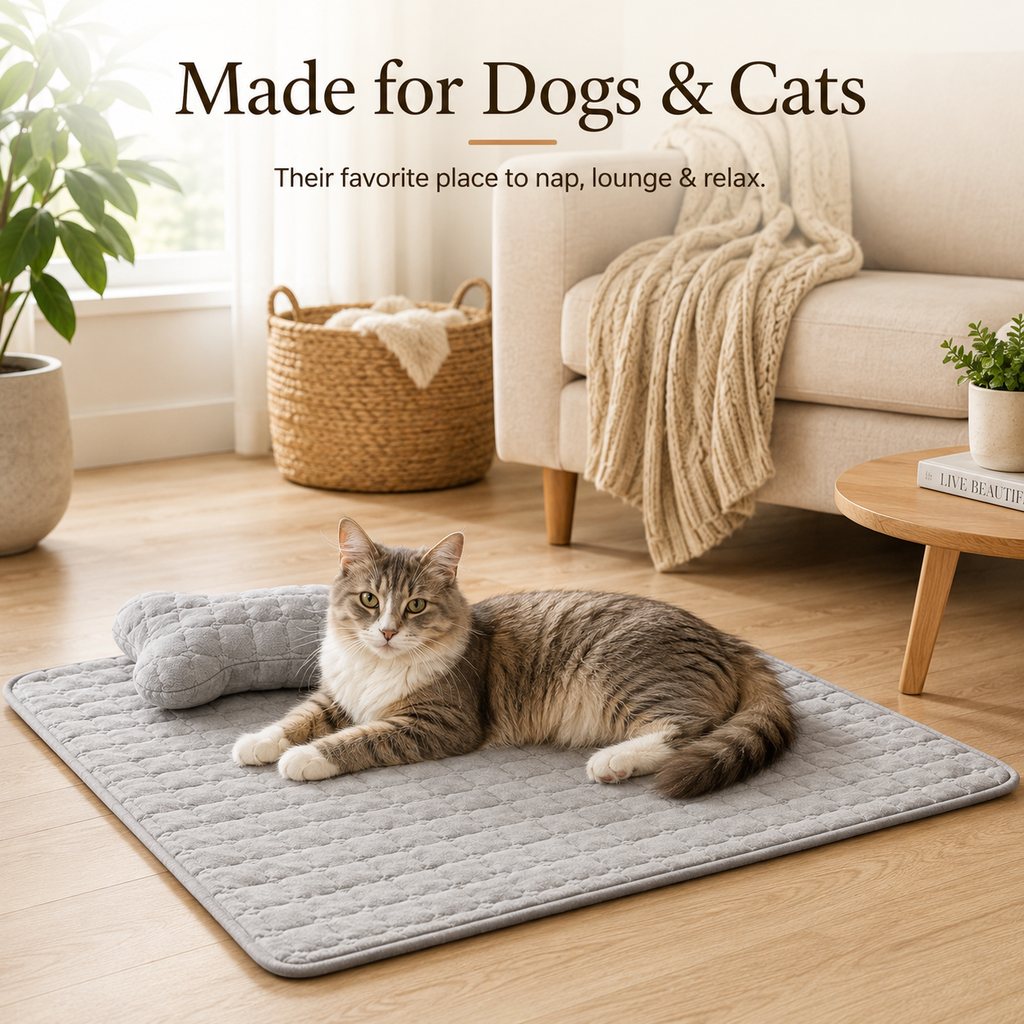 Soft plush dog and cat bed mat with bone-shaped headrest pillow