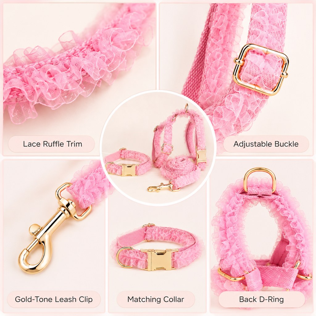 Paws in Awe Boutique Lace Dog Harness, Collar & Leash Set for Birthday Photos & Daily Walks - 3-Piece Ruffle Walking Set image 10
