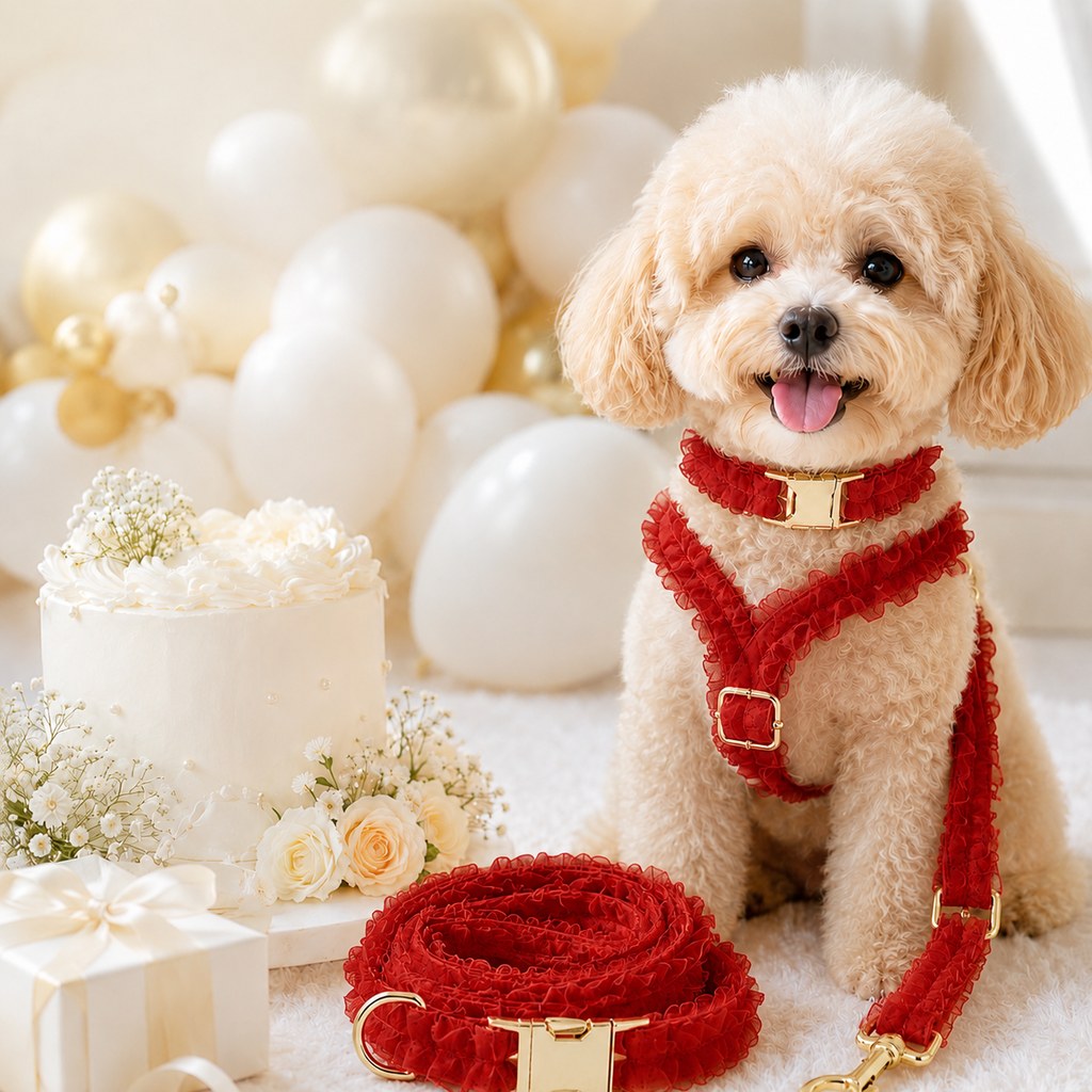 Paws in Awe Boutique Lace Dog Harness, Collar & Leash Set for Birthday Photos & Daily Walks - 3-Piece Ruffle Walking Set image 14
