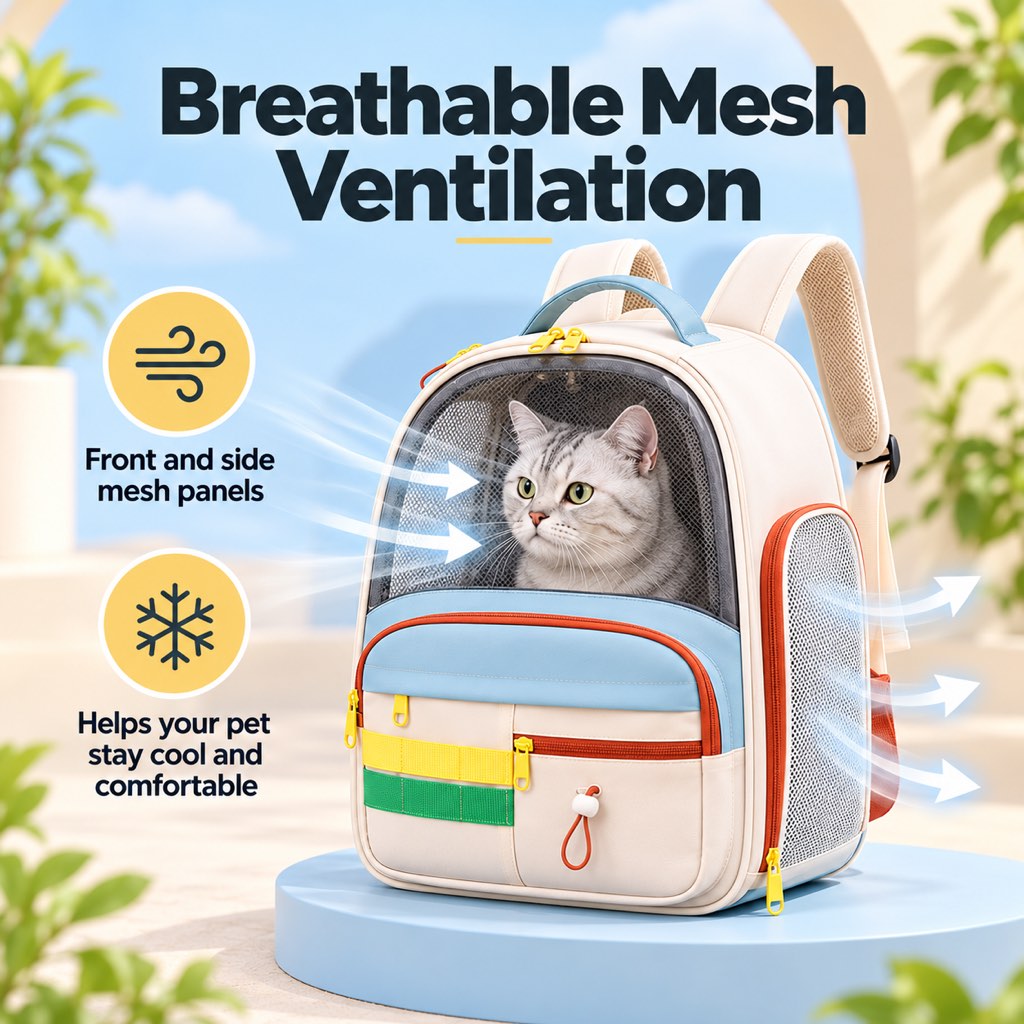 Breathable front and side mesh panels on a cat carrier backpack