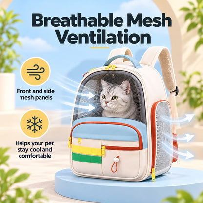 Breathable front and side mesh panels on a cat carrier backpack
