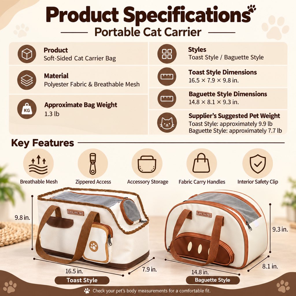 Cat carrier tote material, style, and size specifications