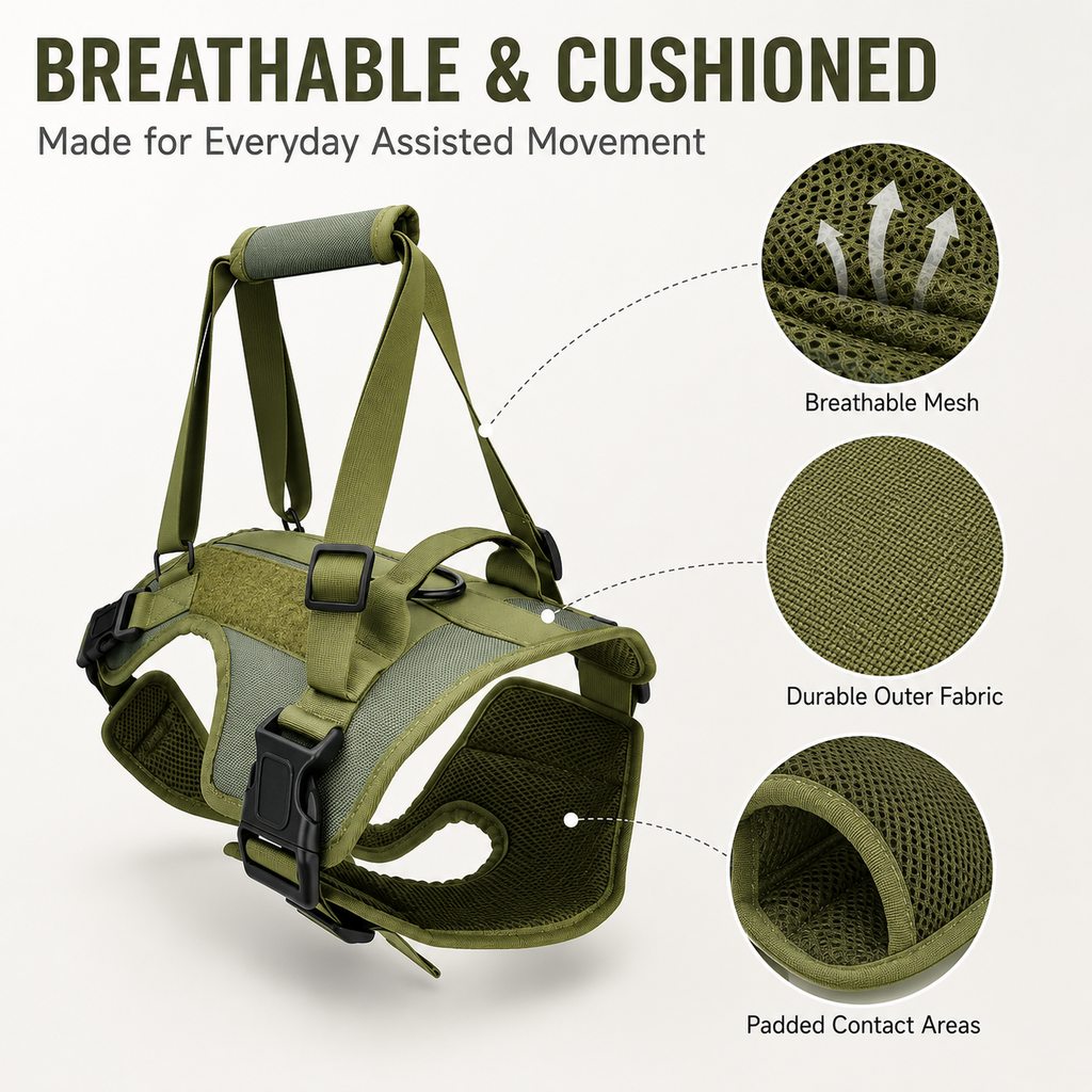 Breathable cushioned dog mobility harness material details