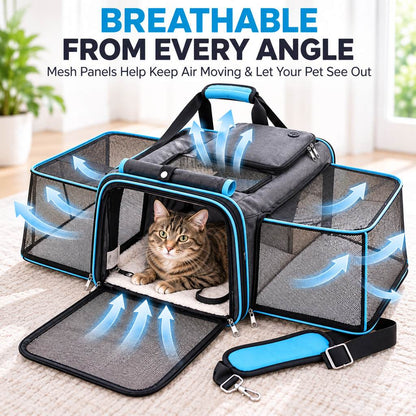 Breathable mesh panels on dual-sided expandable pet carrier