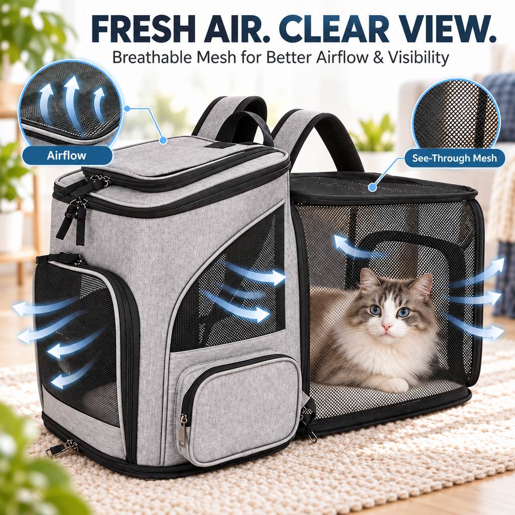 Breathable mesh panels on expandable pet carrier backpack