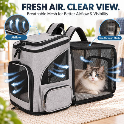 Breathable mesh panels on expandable pet carrier backpack