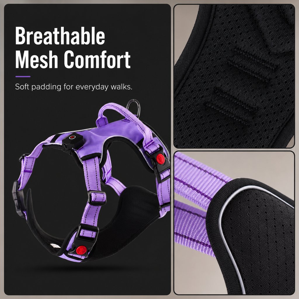 Breathable mesh comfort rechargeable LED dog harness