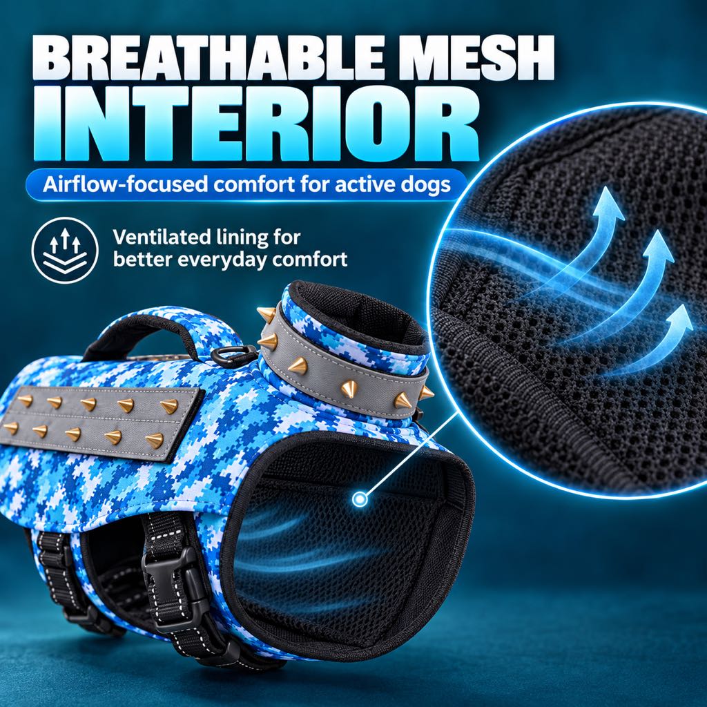 Breathable mesh interior of a protective dog vest