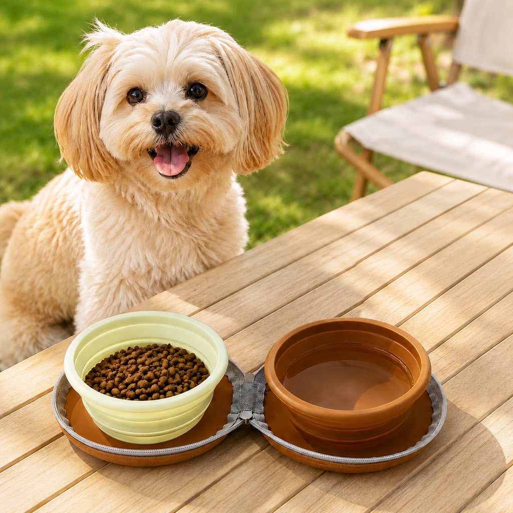 brown pink yellow pet travel bowl options