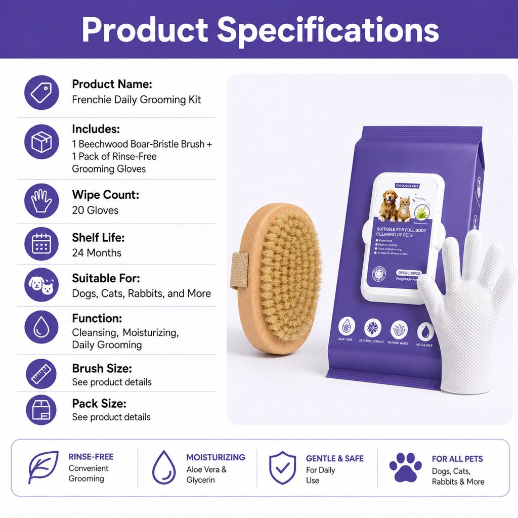 Brush and 20 cleaning gloves set for Frenchie grooming