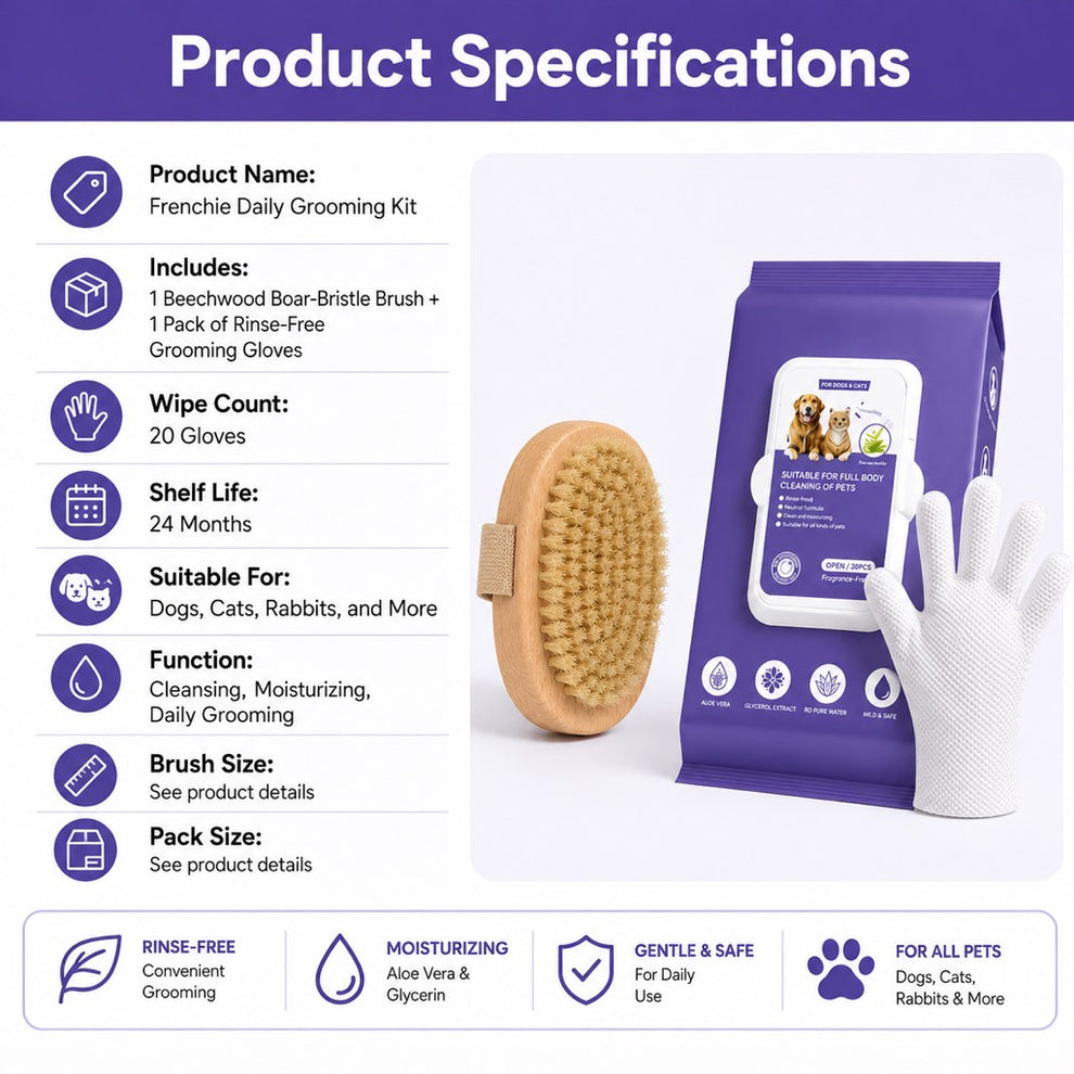 Brush and 20 cleaning gloves set for Frenchie grooming