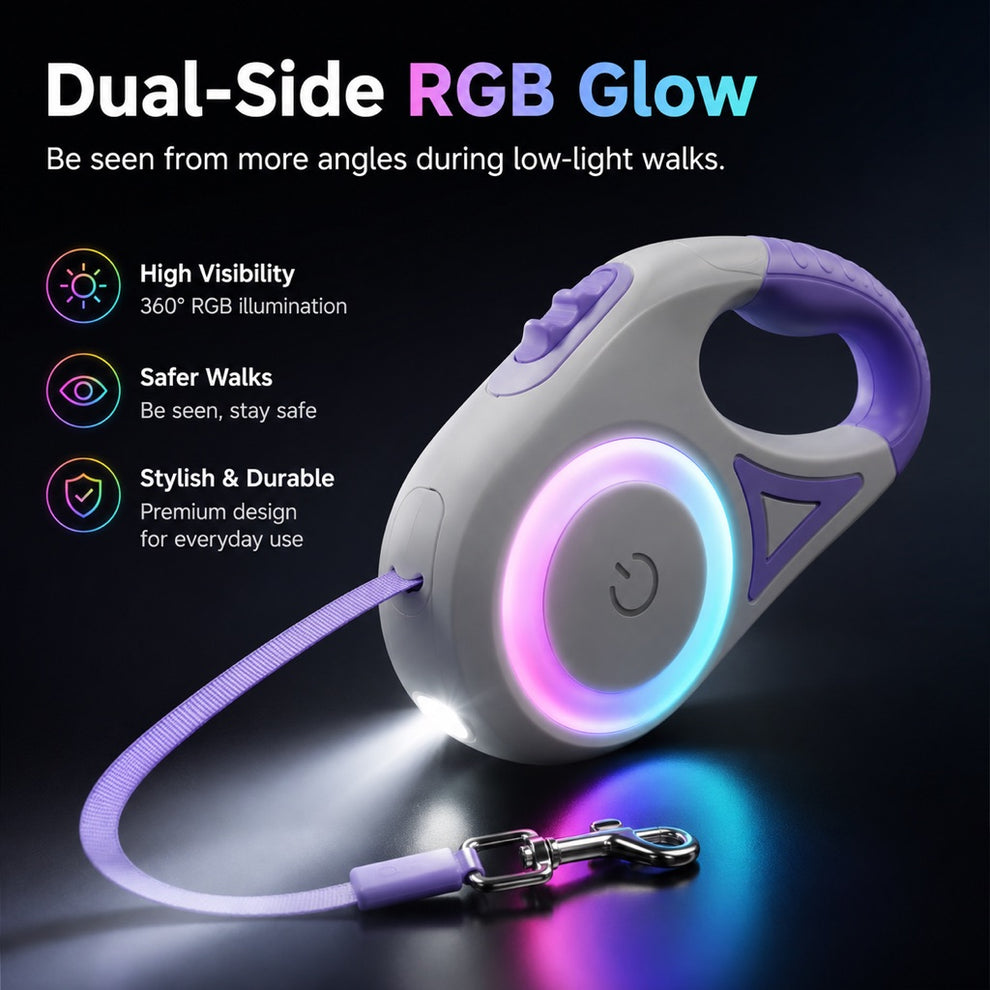 Paws in Awe LED Retractable Dog Leash for Night Walks - Light-Up Dog Leash with Built-In Spotlight, RGB Side Glow & One-Touch Brake for Safer Evening Walks image 5